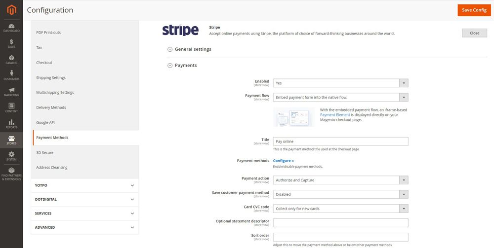Configure the payment settings for Stripe in Magento 2.
