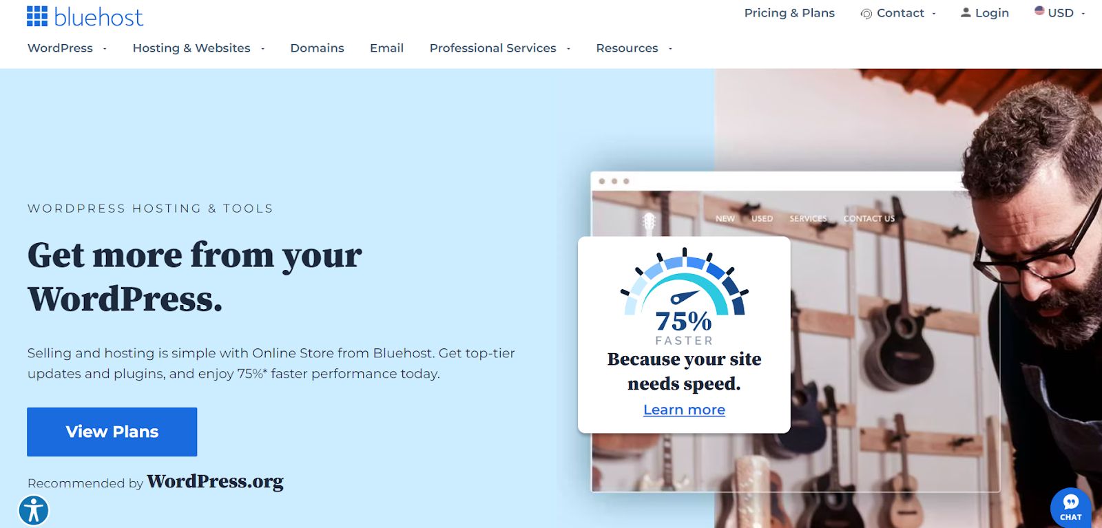 Bluehost WordPress hosting page.