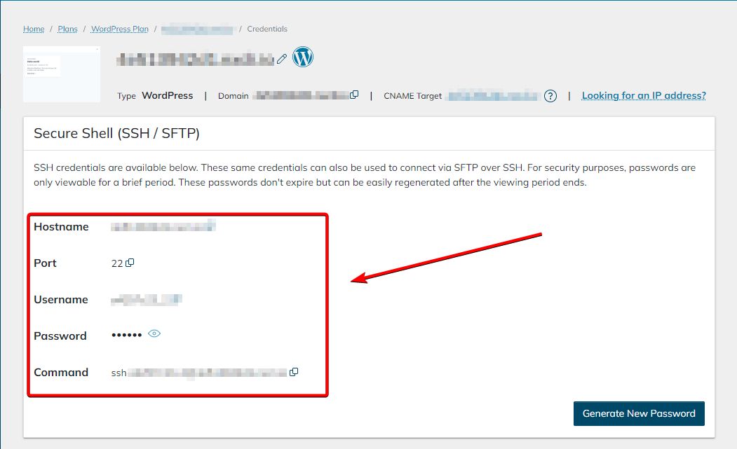 In the Site Dashboard, you’ll find Secure Shell (SSH/SFTP) credentials near the top of the page.