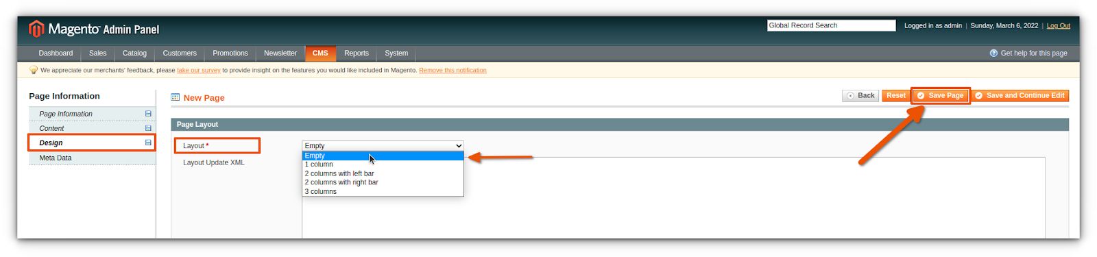 Next, go to Design under Page information. Click Layout and select Empty from the dropdown menu. Then, save the page.
