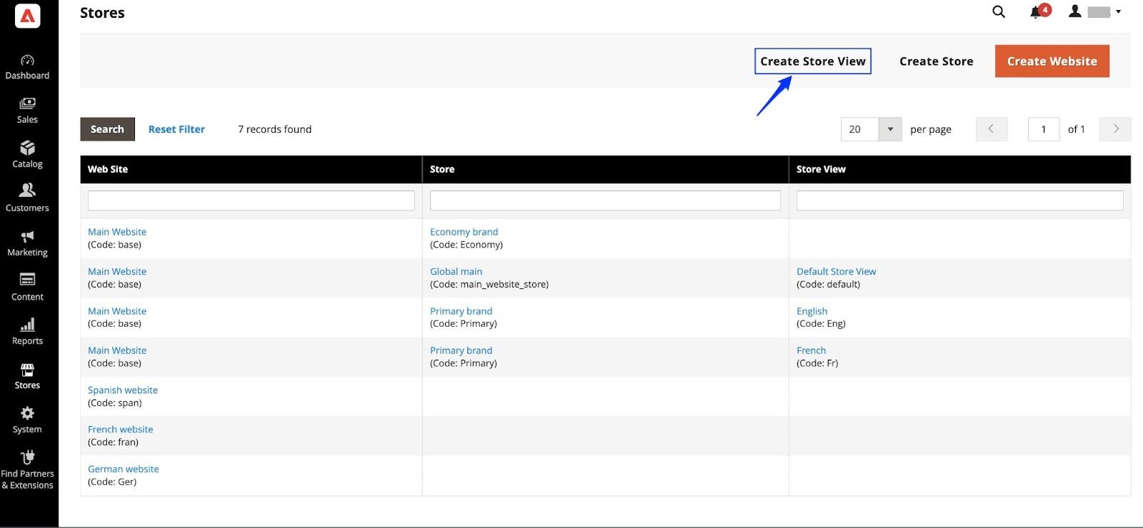 Create a store view for your multi-language setup in the Magento admin area.