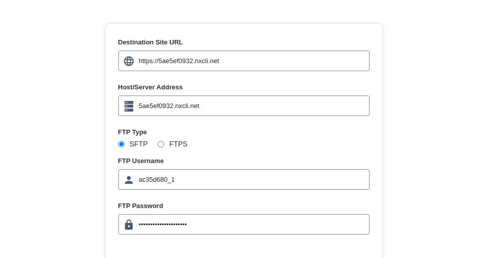 If you have decided to migrate your WordPress website from HostGator hosting to Nexcess using the Migrate To Liquid Web & Nexcess migration plugin, use the temporary domain as the Destination Site URL and Server Address. Insert your Nexcess SFTP credentials retrieved from the Site Dashboard, and initiate the migration.