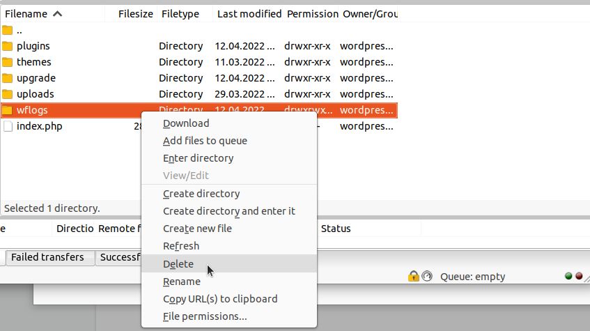 Any extra files added by the plugin outside of the Plugins directory can be found in the wp-content folder. For example, unless uninstalled using the WordFence Assistant plugin, WordFence leaves behind the wflogs folder. We can remove it manually using SFTP, File Manager, or the command line interface.