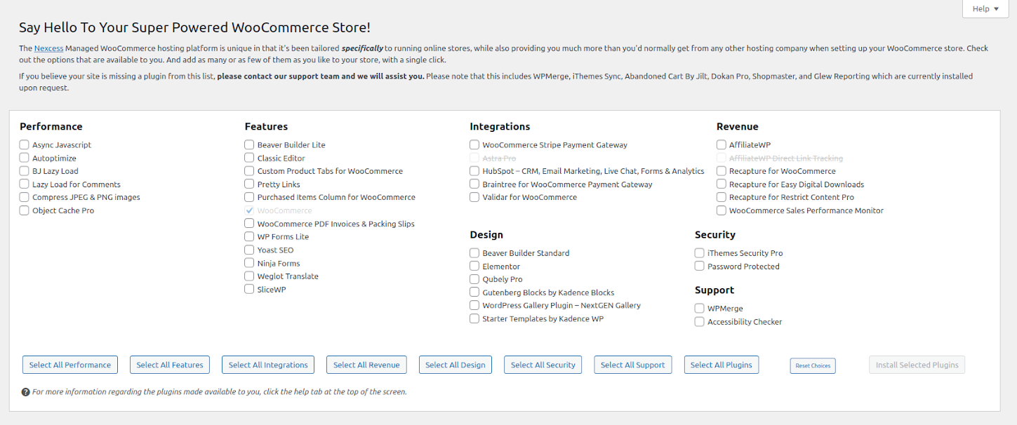 Click on the Help button at the top right corner of the page to open an additional menu that will briefly describe each plugin the Nexcess WordPress installer feature set offers.