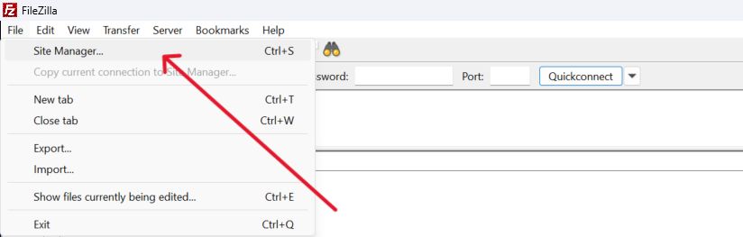 FileZilla’s Site Manager can be found in the toolbar, as the red arrow indicates.