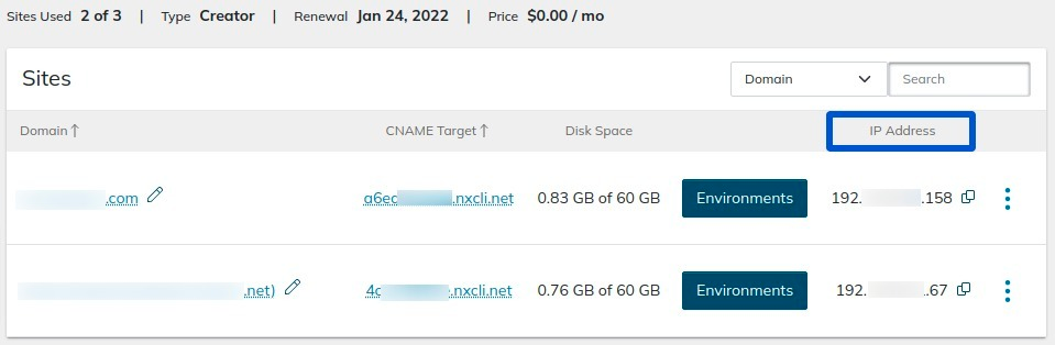 Find the IP address in the Client Portal on the right side of the temporary domain/CNAME Target