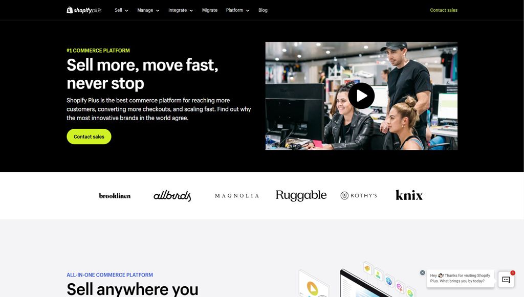 Screenshot of multi-store ecommerce platform Shopify Plus' homepage.