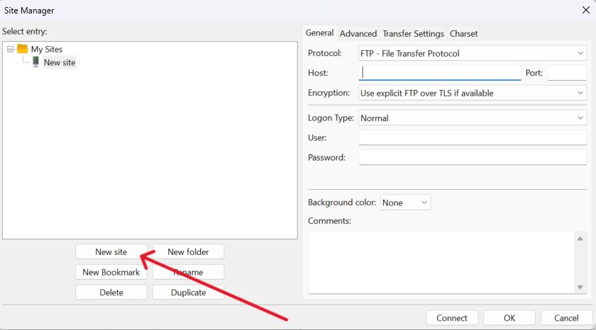 This arrow shows where you find the New Site button on the FileZilla FTP client.