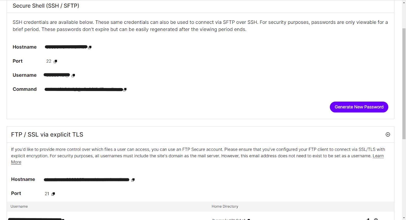 Your website dashboard will reveal SSH/SFTP and FTP/SSL credentials.