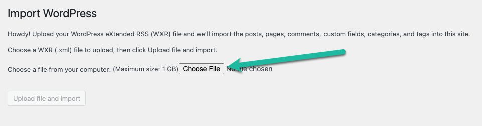 On the Import page, click Choose File, and navigate through your filesystem to where you saved the export from Squarespace. 