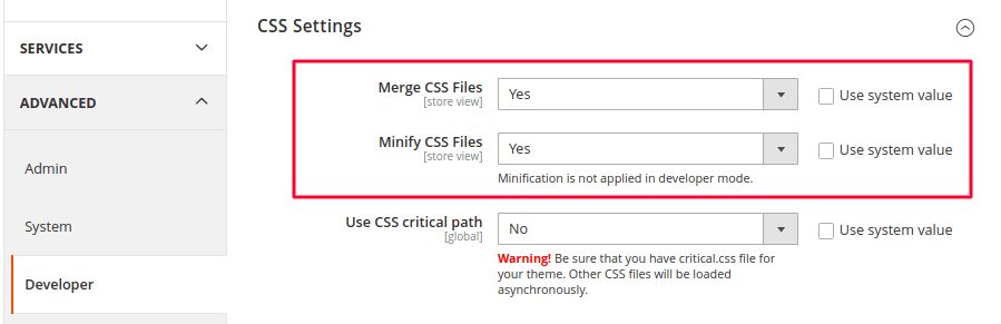 To merge and minimize the Cascading Style Sheets (CSS), you can use this screen.