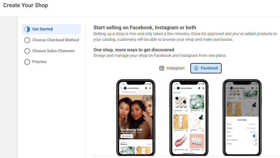 The shop creation screen with steps to create a Facebook and Instagram shop.