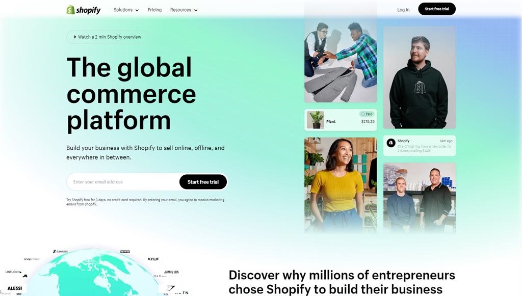 Screenshot of closed-source ecommerce platform Shopify's homepage.