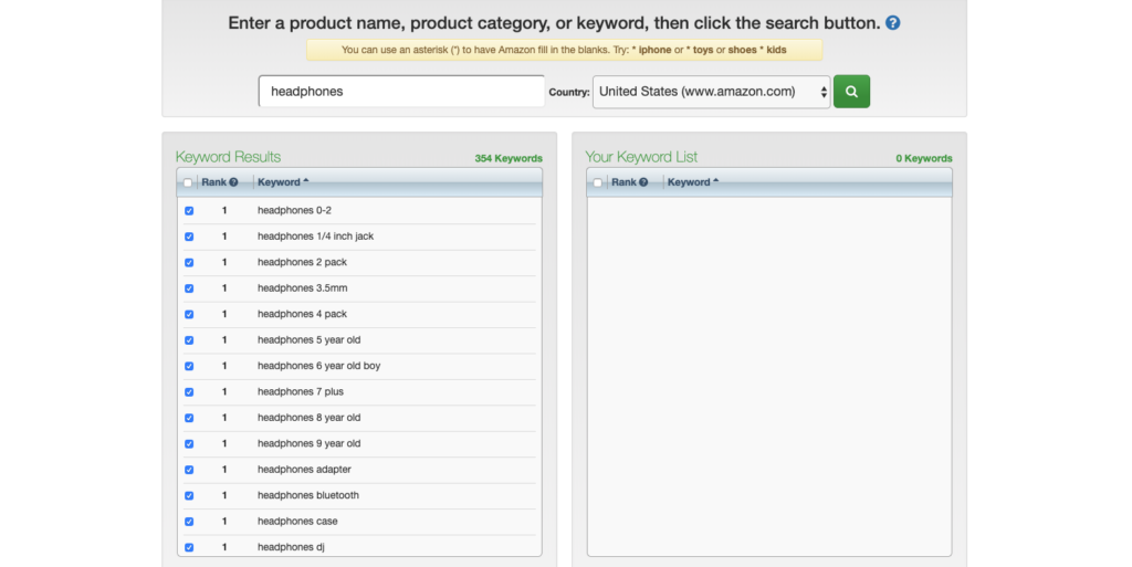 Using keyword tool dominator to scrape amazon search suggestions
