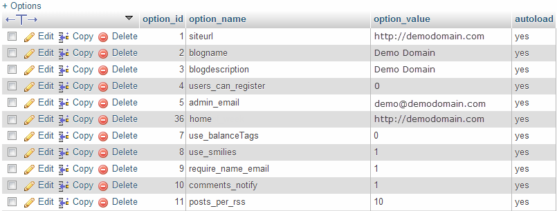 Options Table