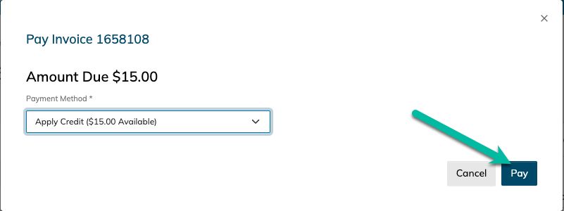 Once you have filled out the form using your account credit, click Pay in the lower right corner of the popup window. This will close the window and return you to your invoice.