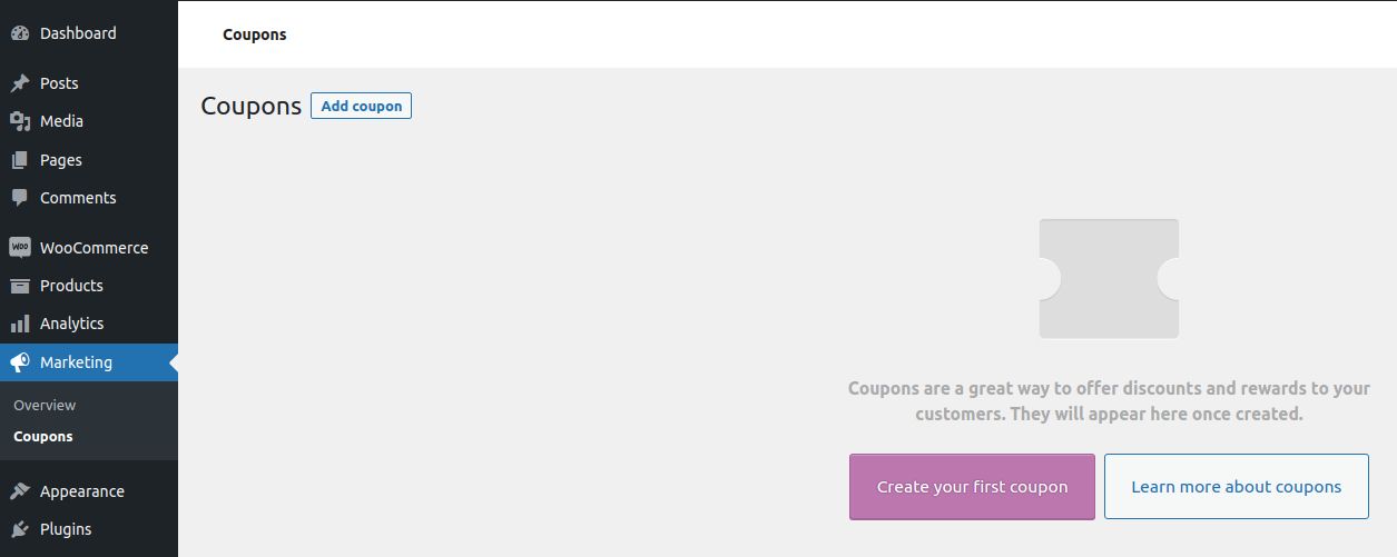 Choose Marketing from the left menu of your WooCommerce dashboard and click Coupons.