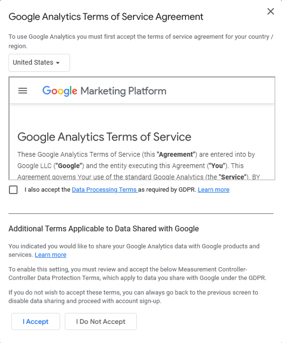 Google Analytics Terms of Service Agreement.