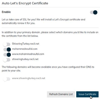 Enable the toggle button for the site and the Auto Let's Encrypt Certificate, then click the Issue Certificate button.