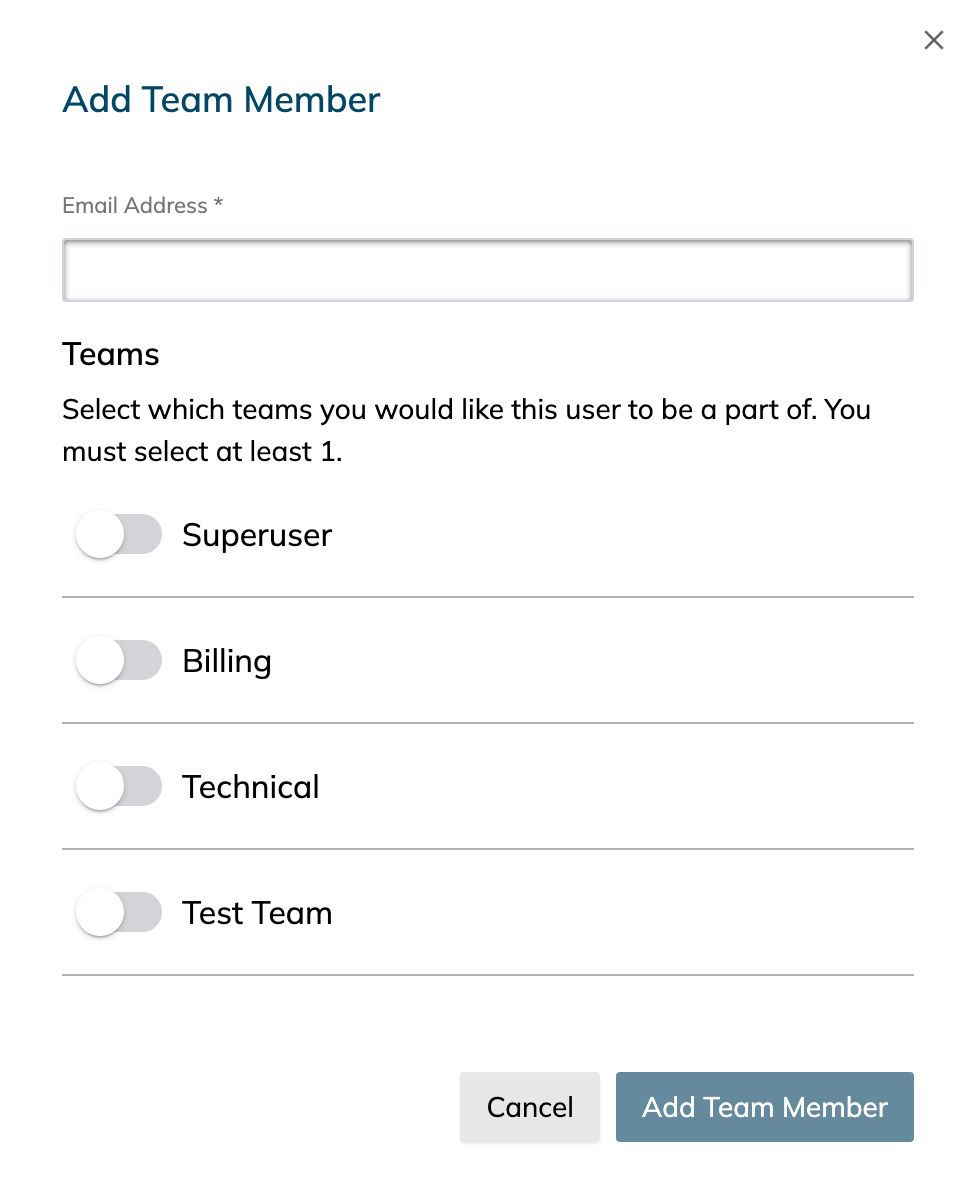 Enter the email address of the team member and select the team that you would like the user to be a part of. The team member can be a part of more than one team.