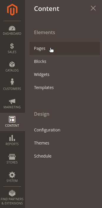 On the left-hand menu of your admin panel, go to Content. Then, select Pages, which you’ll find under Elements.