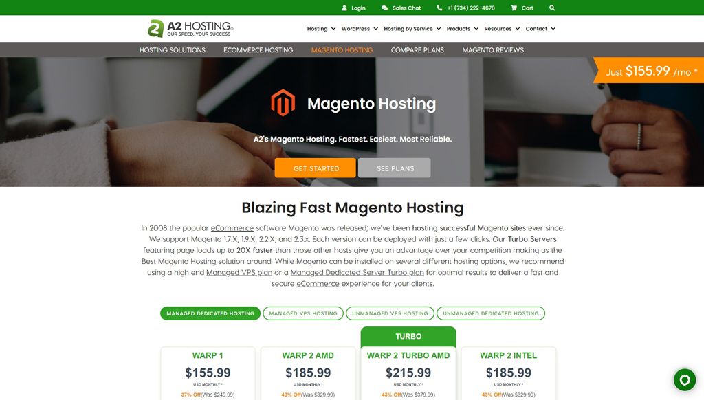 Screenshot of A2 Hosting’s Magento hosting landing page.