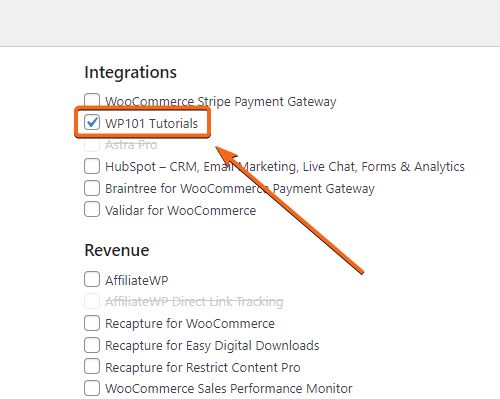Under Integrations, tick the box for the WP101 Tutorials plugin.