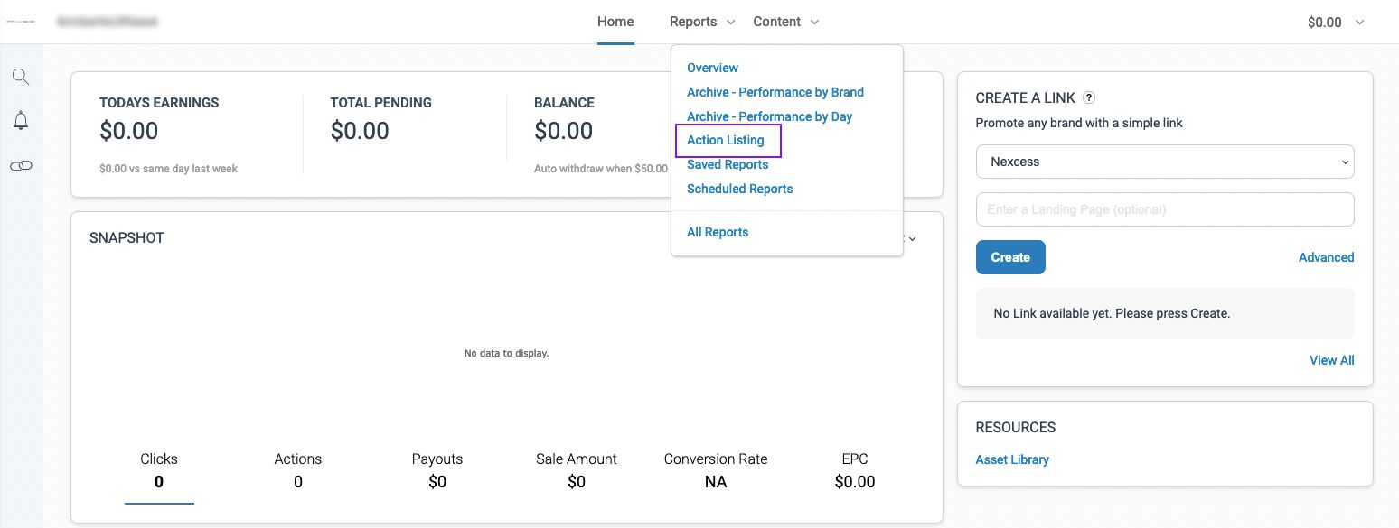 From the dashboard, click Reports > Action Listing.
