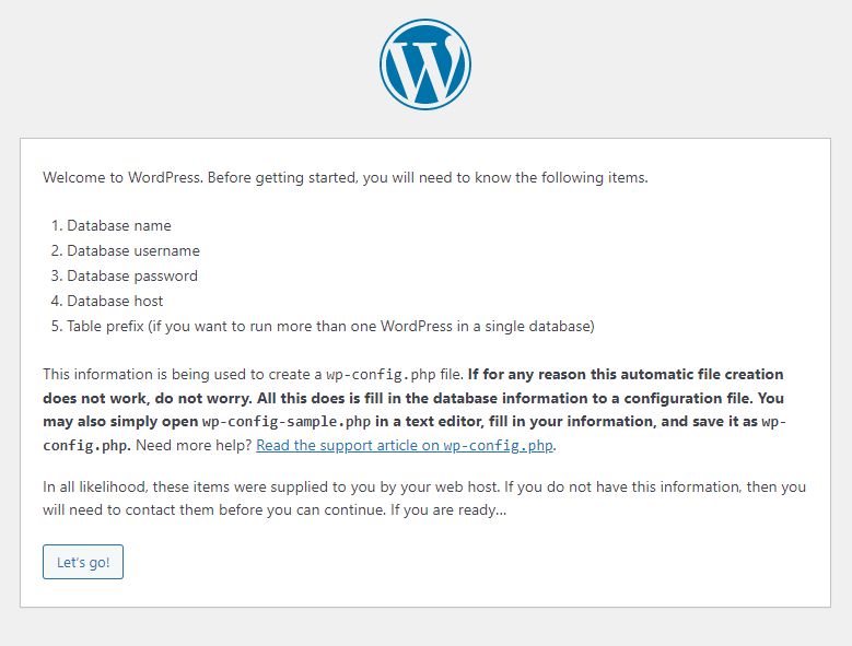 The WordPress setup wizard.