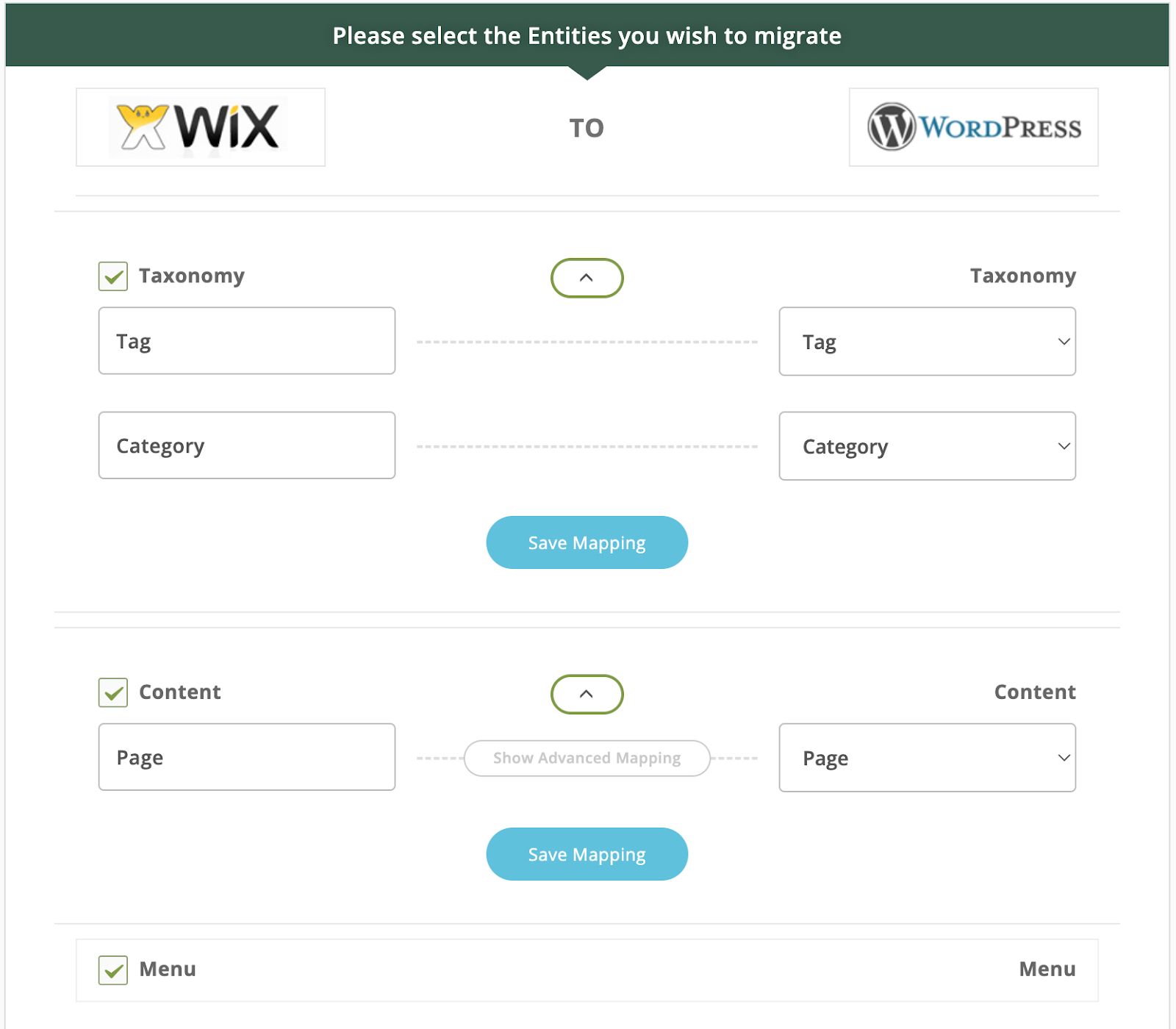 You will need to select the items you want transferred from Wix to WordPress.