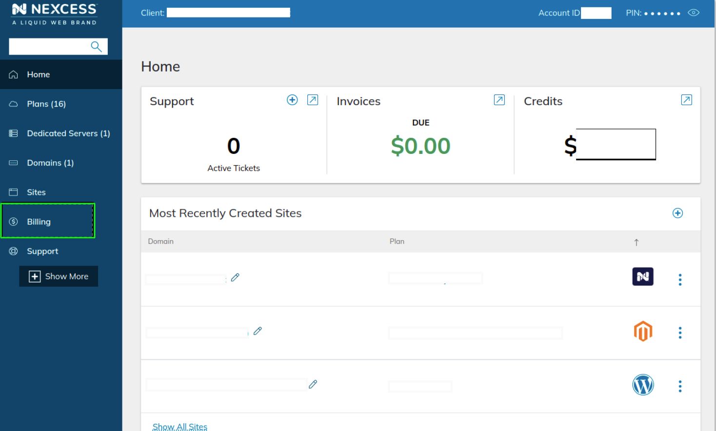 Step #2: Once you have access to your Nexcess client portal, you can click the ‘Billing’ menu from the left side of the page to list a previous billing statement (or previous billing statements) or view and manage your current billing and invoice information.