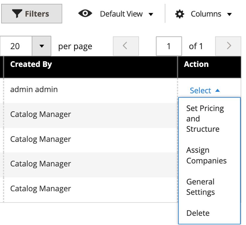 The customization options for shared catalogs in Magento Commerce.
