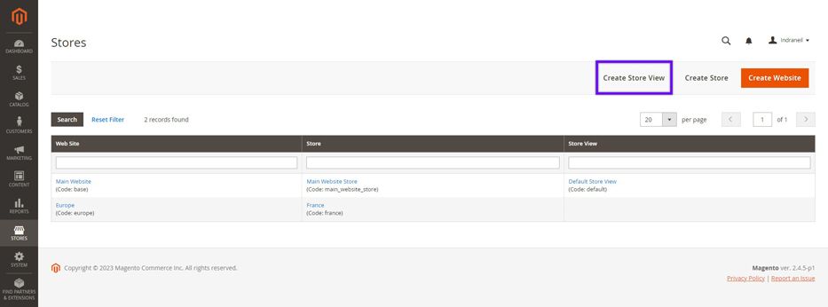 Screenshot highlighting the ‘Create Store View’ button on the ‘Stores’ page in the Magento admin.