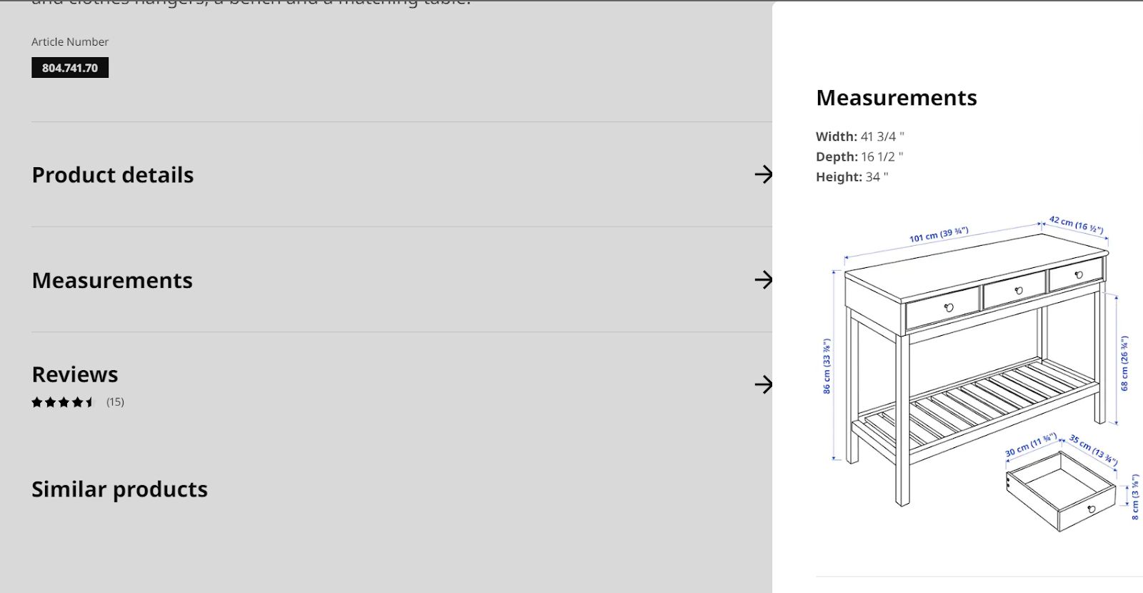 IKEA product description page with in-depth measurements. 