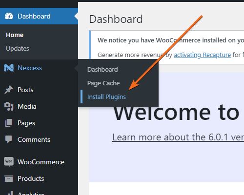 To install the necessary plugin, let’s hover over the “Nexcess” page and go into “Install Plugins".