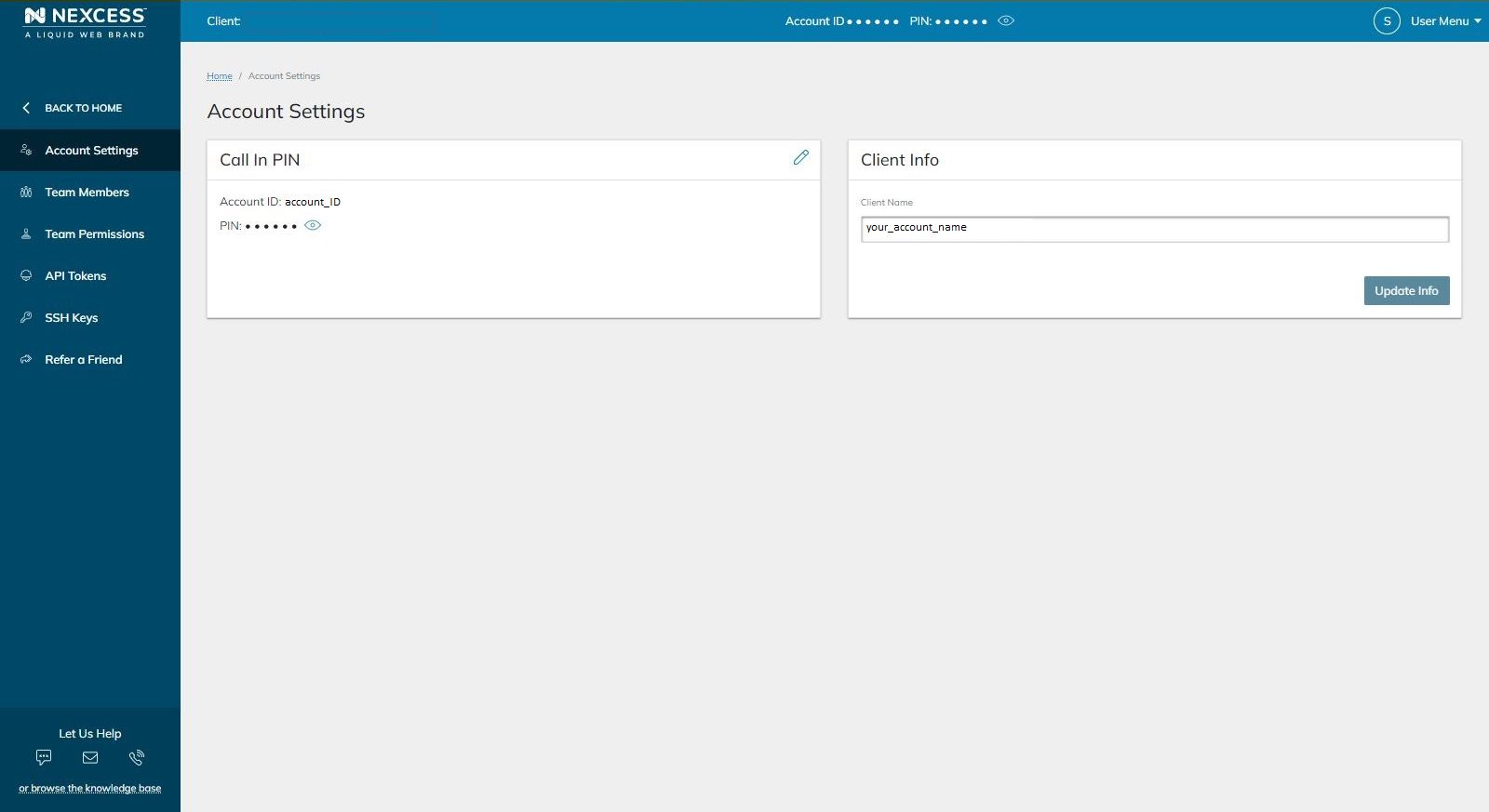 On this page, you can change the title of your account. You can also change your call-in PIN, which you’ll be asked for each time you call the Nexcess Support Team.