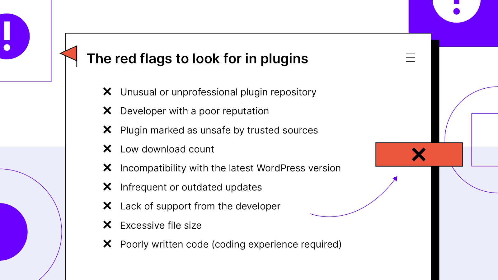The common red flags or warning signs to look for when checking if a WordPress plugin is safe. 