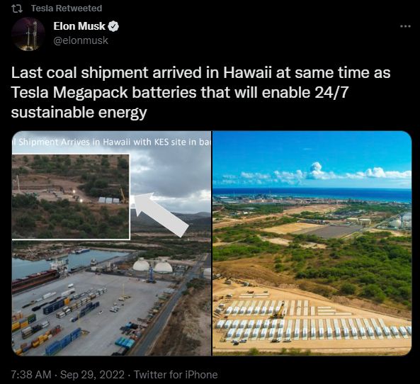 CEO of Tesla Motors, Elon Musk, publishes a tweet demonstrating the company’s mission to promote sustainable energy.