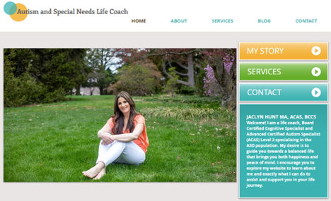 A woman sits on a green lawn for a website homepage offering life coach services to those with Autism and special needs. 