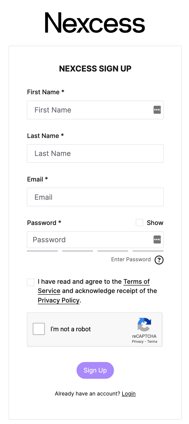 Utilizing the Sign Up option, new users can set up a Nexcess account.