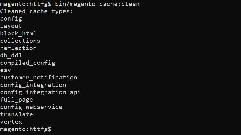 Magento cache clean command output.