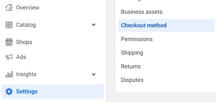 Mobile view of the Settings and Checkout method menu options in the Facebook Meta Business Suite. 