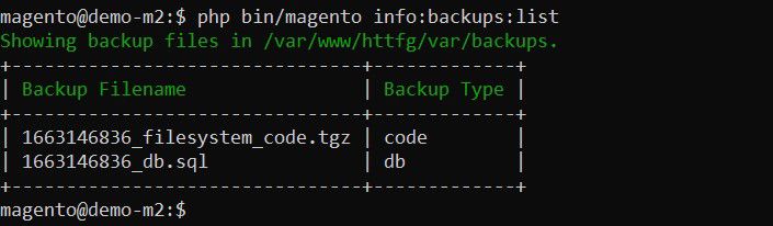 Magento 2 backup list in the command line.