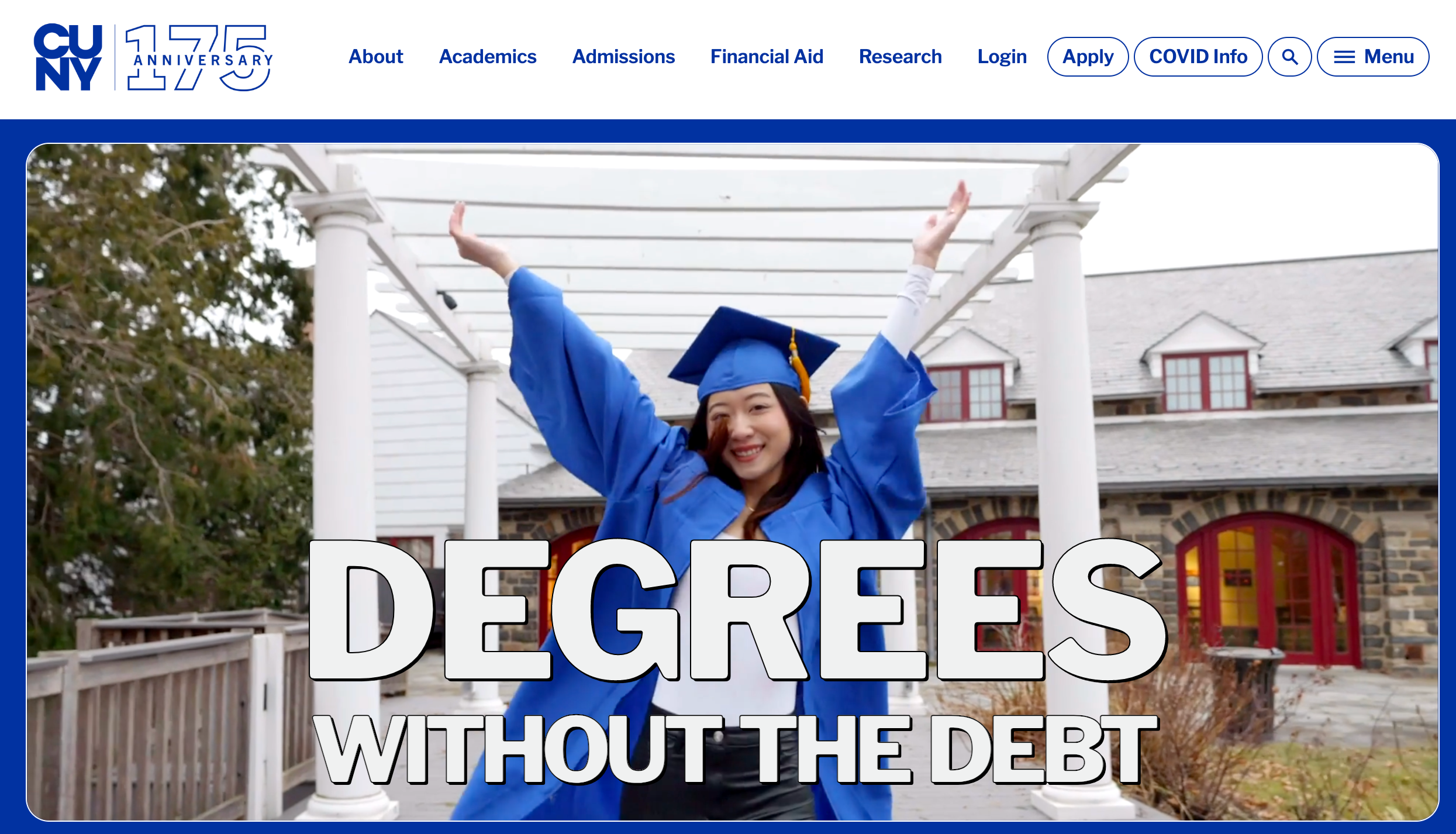 CUNY's homepage showing an video embedded.