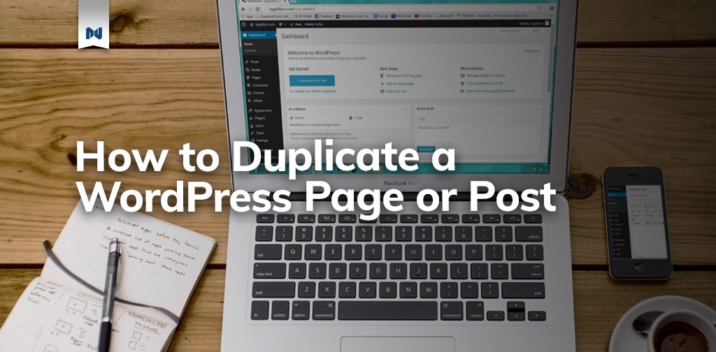A computer with the text "How to Duplicate a WordPress Page or Post" overlaid.