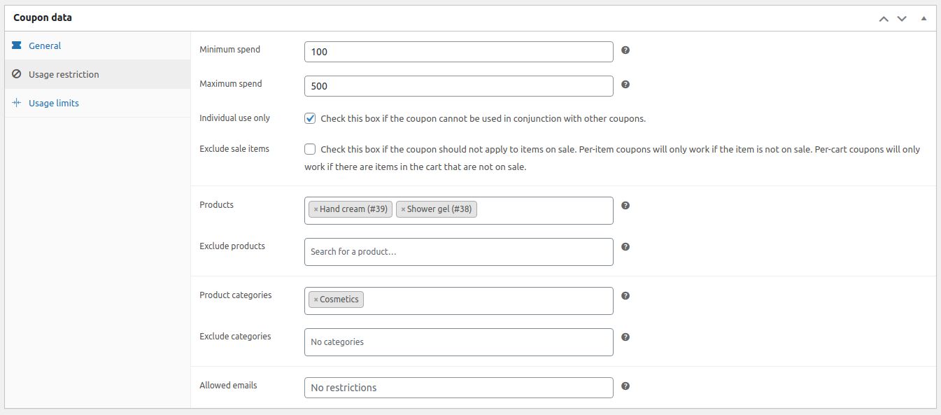 After you have entered all general information, we can move on to configuring Usage restriction. The Usage restriction defines what products your coupon can be applied to and how much a customer needs to spend to be able to use it.