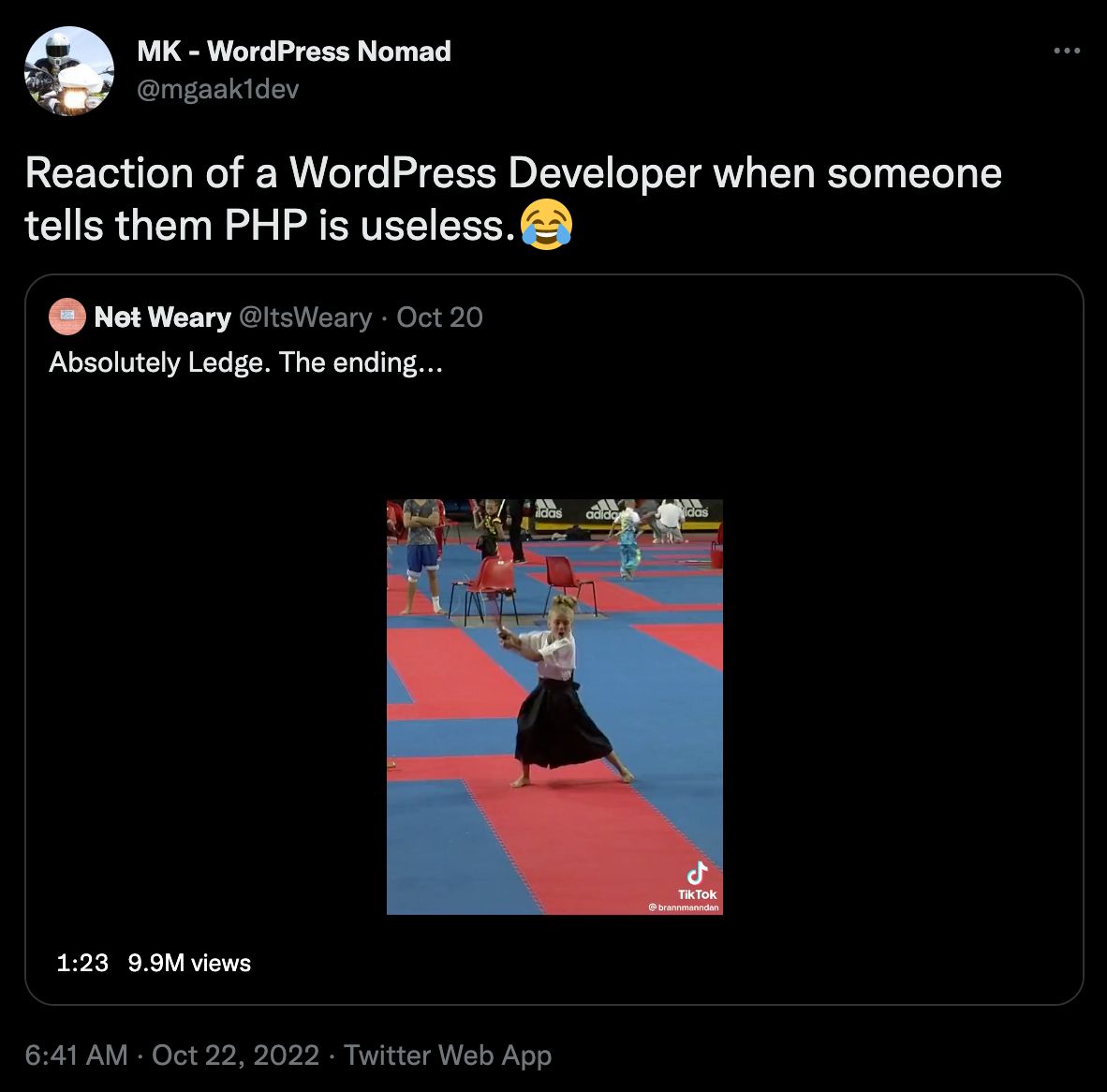 Tweet from @mgaak1dev that reads "Reaction of a WordPress Developer when someone tells them PHP is useless.😂" that displays a young child with a sword engaged in a martial arts demonstration as if to insinuate the WordPress developer in question will fight you.