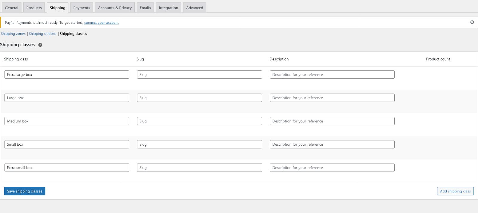 WooCommerce shipping classes screen.