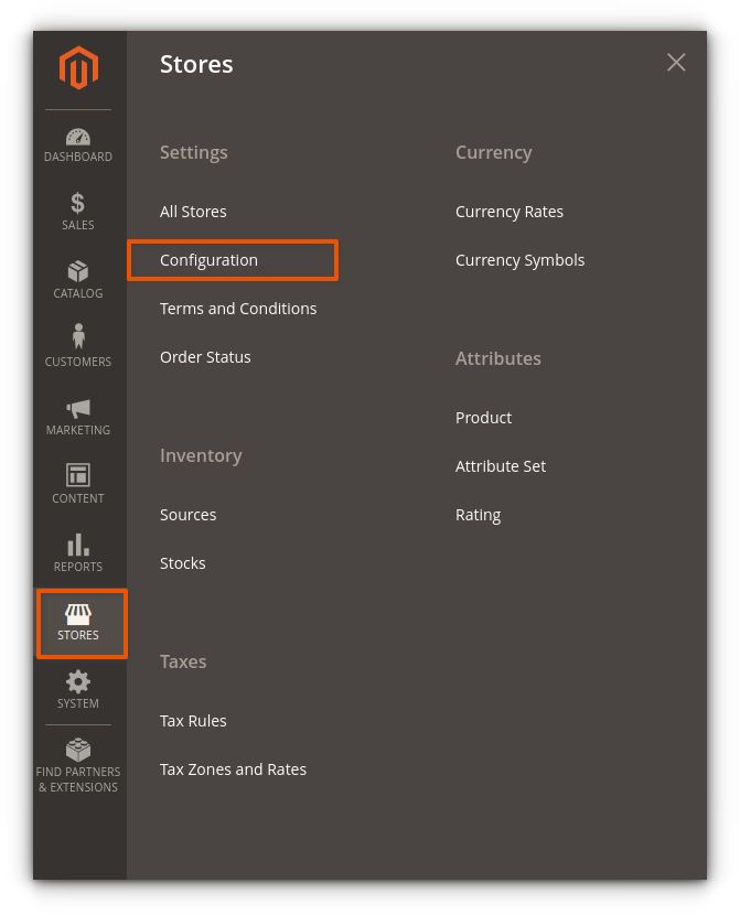 To configure your Magento 2 base URLs, log in to your Magento admin area. Now, navigate to Stores > Configuration.