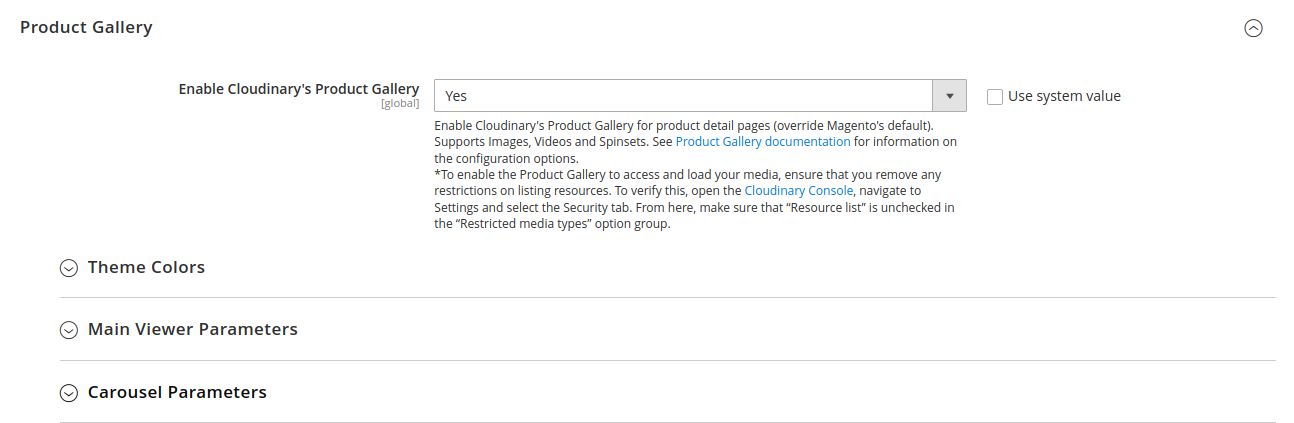 The Cloudinary CDN Product Gallery is disabled by default, but can be also enabled and configured from your Magento 2 admin panel.